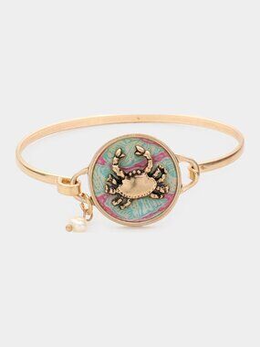 Patterned Crab Pearl Charm Hook Bangle Bracelet - Nautical Beach Jewelry, B